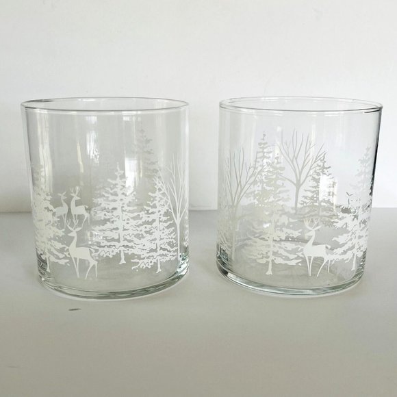 Libbey Christmas Winterland Snow Set of 2 Votive Candle Holder Vintage Trees 4" - Picture 1 of 13